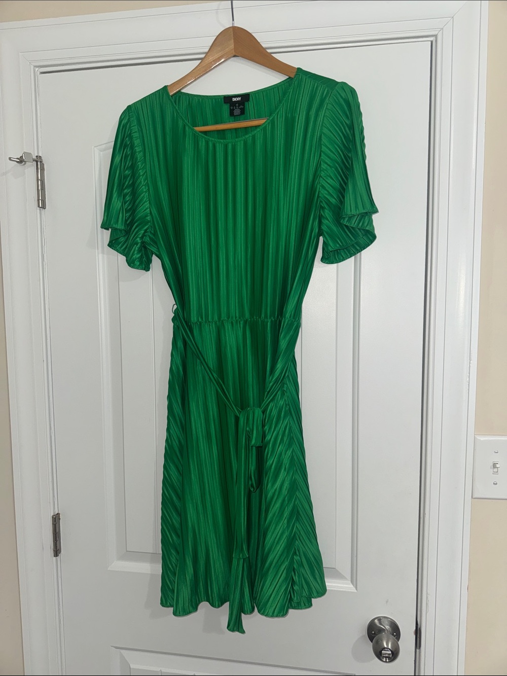 DKNY Emerald Green Pleated Dress with Tie Waist